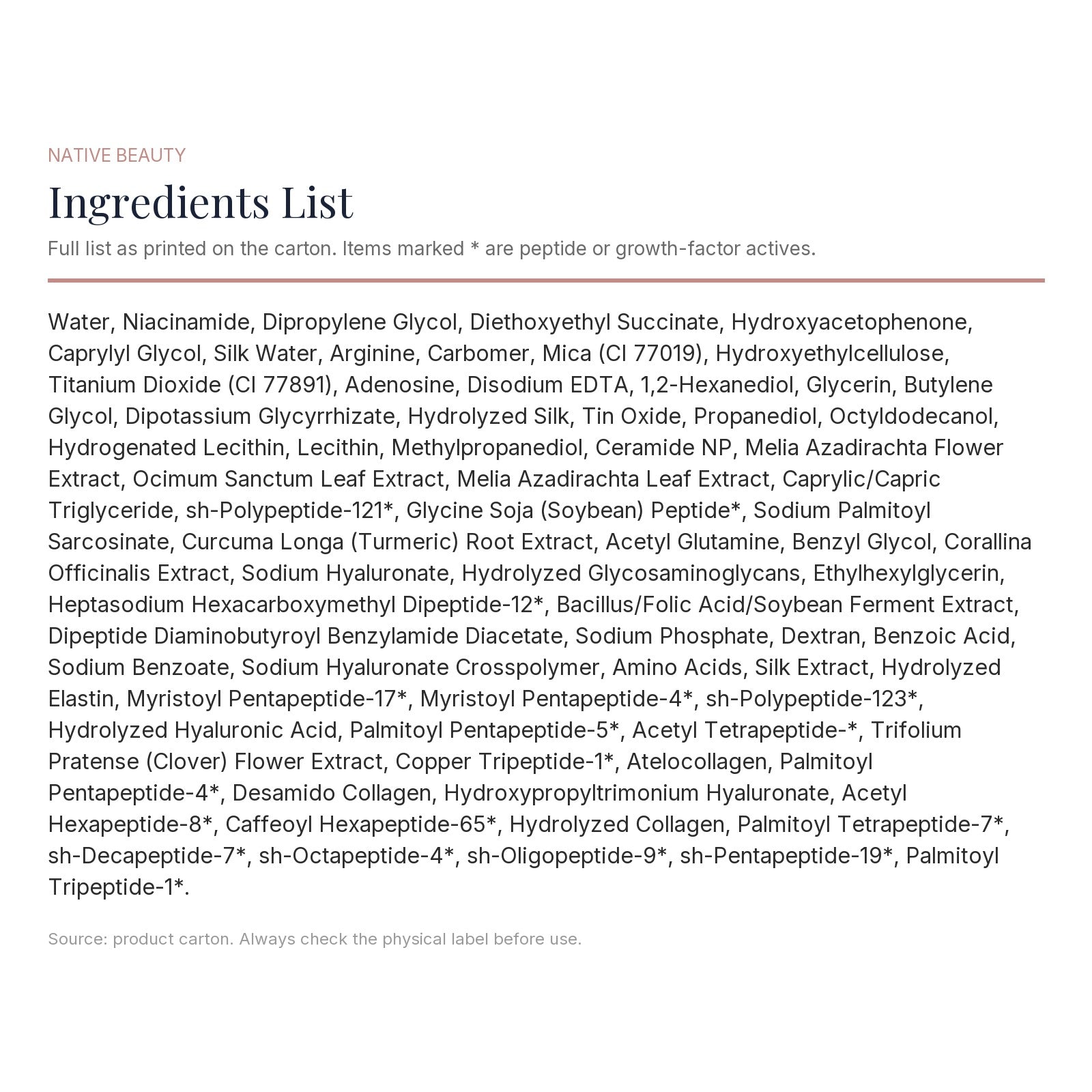 Native Beauty toner ingredients label