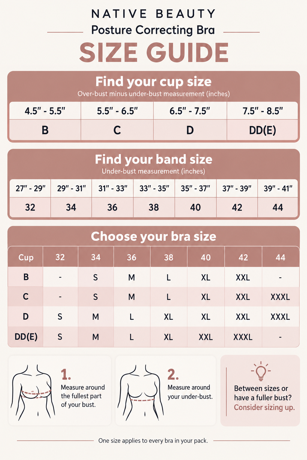 Native Beauty Posture Correcting Bra size guide